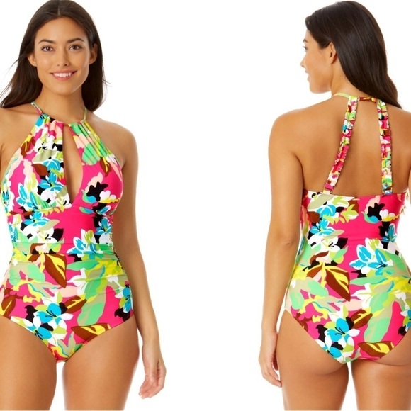 Anne Cole High Neck Key Hole Ruffled Straps One Piece Swimsuit Cabana Pa… - Picture 13 of 15